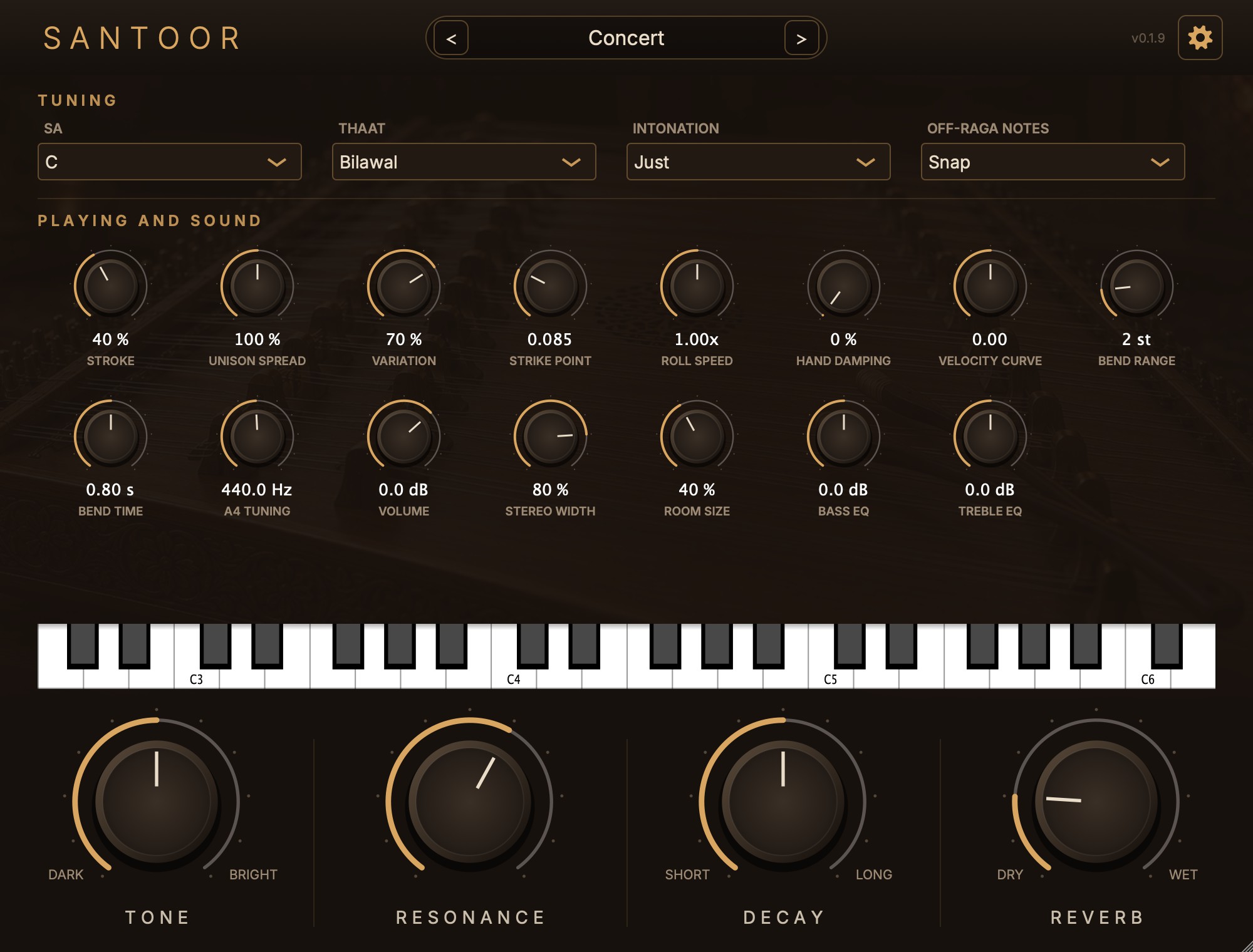 The settings page: menus for Sa, thaat, intonation and off-raga notes, thirteen knobs for playing and sound, and a keyboard spanning G2 to D6.
